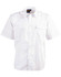 A white button-up short sleeve shirt with two front pockets and epaulettes, featuring a brand logo on the collar.