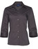 A women's dark grey 3/4 sleeve button-up shirt with a collar and branded label.