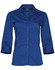 A dark blue women's 3/4 sleeve button-up shirt, featuring a collar and a logo on the inside.