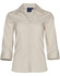 A beige women's button-up shirt with 3/4 sleeves and a collar, featuring a logo on the tag.