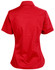 A red short sleeve button-up shirt with a fitted design and a collar, featuring a logo.