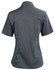 A dark grey short sleeve button-up shirt with a fitted design and a collar, featuring a logo.