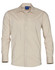 A light beige long sleeve button-up shirt with a chest pocket and logo, made from Teflon fabric.