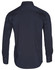 A navy blue long sleeve shirt with a button-up design and a logo on the back.