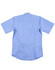 A light blue men's short sleeve button-up shirt with a back yoke and logo. Features a smooth, polished fabric.