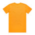An orange t-shirt featuring a plain back design and a round neckline. The shirt has a logo on the inner tag.