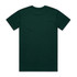 A dark green T-shirt with a plain back and short sleeves, featuring a logo on the neck area.