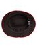 A black bucket hat with a red contrast trim, featuring an inner lining and a logo.