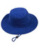 A blue bucket hat featuring a wide brim and a pull cord for adjustable fit, complete with a logo.