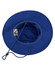 A blue brimmed surf hat with a drawstring and interior lining visible. It features a small logo.