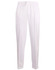 White men's cricket pants with an elastic waistband and a logo on the front.