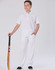 A pair of white kids' cricket pants displayed on a model holding a cricket bat, set against a plain background.