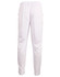 White kids' cricket pants with an elasticised waist and pockets, featuring a subtle logo.