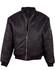 A black soft shell jacket with a zip front and ribbed cuffs, featuring a pocket on the sleeve and a logo.