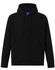 A men's full-zip fleecy hoodie in black with a hood and front pockets. It features a logo on the garment.