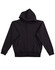 A black full-zip fleecy hoodie with a hood and front pockets. It features a logo on the fabric.