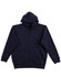 A navy blue full-zip fleecy hoodie with a front pocket and a hood, featuring a logo.