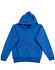 A blue full-zip fleecy hoodie featuring a hood and front pockets, with a logo displayed.