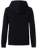 A black full-zip fleecy hoodie featuring a hood and ribbed cuffs. Includes a logo on the back.