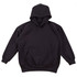 A black kids' fleece hoodie with a front pocket and a drawstring hood. It features a brand logo.