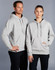 A grey fleecy hoodie with a front pocket, featuring a logo, worn by a man and a woman.