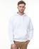 A white adult hoodie featuring a front pocket and drawstring hood, displayed by a model.