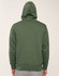 A green fleecey hoodie with a close front and a hood, viewed from the back.