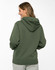 A green adult's close front contrast fleecy hoodie with a hood, seen from the back.