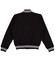 A black fleece varsity jacket featuring white striped ribbing on the collar and cuffs, with a logo on the back.