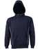 A navy hoodie featuring a kangaroo pocket and contrast detailing. It has a hood and an understated design with a logo.