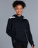 A girl wearing a navy hoodie with a kangaroo pocket and contrasting white accents. The hoodie features a logo.