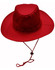A red slouch hat featuring a wide brim and an adjustable break-away clip for secure wear.
