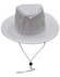 A white bucket hat with a wide brim and a break-away clip attachment on the chin strap. It features a logo.