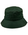 A green bucket hat with a wide brim and an adjustable toggle, featuring a logo.