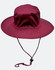A maroon surf hat with a wide brim and a clip-on chin strap. It features a logo on the side.