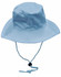 A light blue surf hat with a wide brim and a clip-on chin strap, featuring a logo.