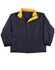 A black and yellow varsity jacket featuring a contrast collar and snap closures. It has two front pockets and elasticized cuffs.