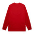 A long-sleeve red T-shirt with a plain back and fitted cuffs, featuring a logo.