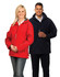 A red and a navy jacket displayed on two models, featuring zippers and contrast stitching. Both jackets have a logo.