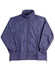 A lightweight navy blue rain jacket with a high collar and zip fastening, featuring elasticated cuffs.