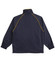 A navy kids' track top with yellow piping, featuring a high collar and elastic cuffs. It has a logo on the back.