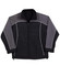 A black and grey reversible jacket with white contrast stitching and a zip closure. It features a logo on the chest.