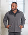 A men's softshell jacket in grey, featuring a zip-up front and side pockets, with a collar and branding.