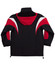 A tri-colour jacket featuring a red and black design with a hood and white accents. It has a logo on the back.