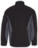 A softshell jacket in black with grey contrast panels, featuring a logo on the sleeve.