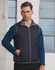 A navy blue men's vest with grey accents, featuring a zip front and pockets.