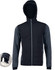 A black and grey men's heather sleeve quilted body jacket with a hood and zipped pockets. Features a logo.