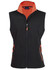 A black softshell vest with an orange collar and zip, featuring two front zip pockets and a centre zip.