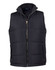 A heavy quilted vest in black with a zip front and side pockets. It features a logo on the inside.