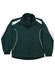 A green track jacket with white accents, featuring a zip front and elastic cuffs. It includes a logo.